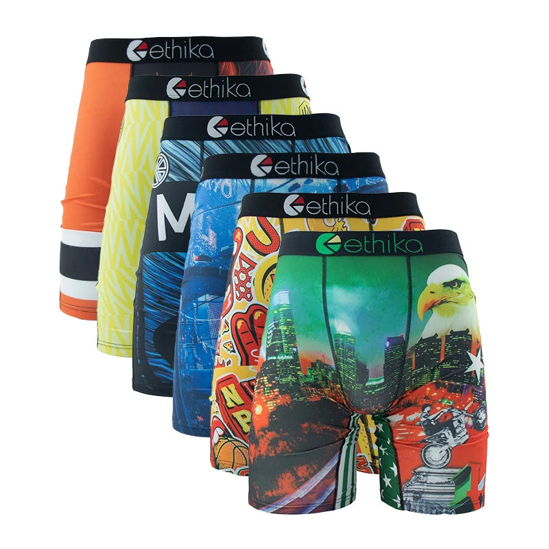 ETHIKA 6Pcs Men Underwear Boxers Breathable Man Swimming Underpants Plus Size Print Mens Panties Trunks Sexy Men's Boxershorts