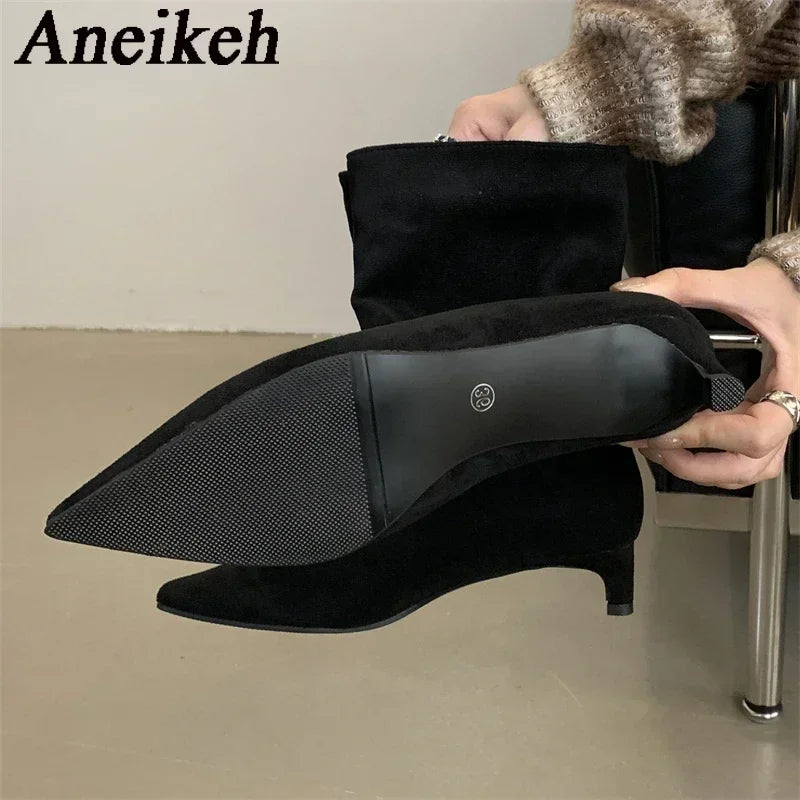 Aneikeh Autumn Fashion High Quality Pointed Toe Vintage Ankle Boots Sexy Thin Low Heel Women Warm Knight Slip On Party Shoes
