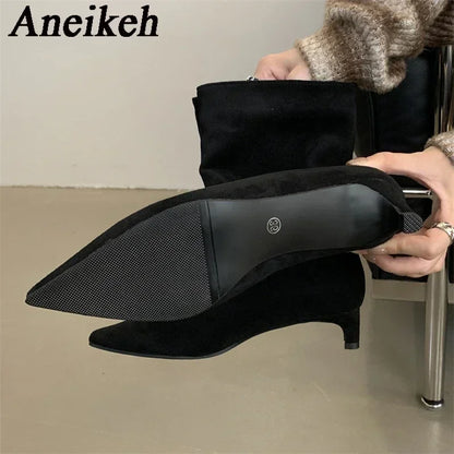 Aneikeh Autumn Fashion High Quality Pointed Toe Vintage Ankle Boots Sexy Thin Low Heel Women Warm Knight Slip On Party Shoes
