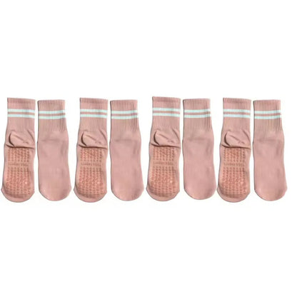 4 Pairs of Mid Tube Double Bar Striped Yoga Socks Anti Slip Dance Sports Breathable Socks Fitness Pilates Cotton Socks