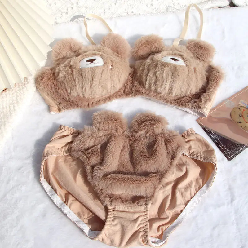 Japanese Girls Winter Soft Ropa Interior Cute Lingerie for Women Cartoon Bear Students Plush  Sexy Bras Wireless Thin Bra Set
