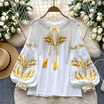 Neploe Vintage Heavy Ethnic Style Panelled Shirt Lace Up O Neck Embroidery Lantern Blouses Western Loose Casual All-match Blusas