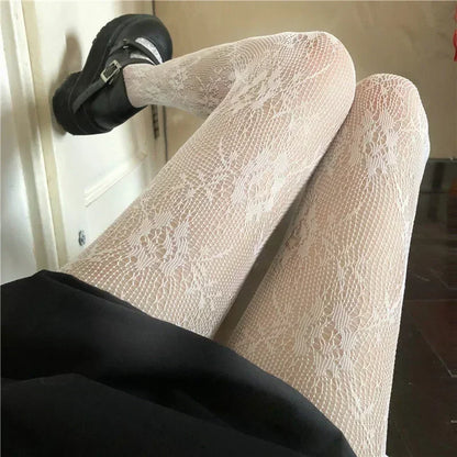 Kawaii Gothic Hollow Out Pantyhose Lolita Bow Knot Fishnet Stockings Women Spicy Girl Black White Sexy Thin Ins Tide Lace Tights