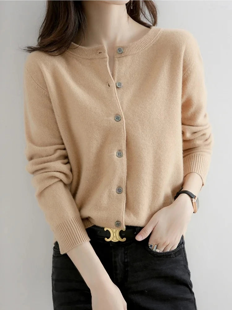 2025 New Worsted Spring And Autumn Women Cardigan Round Neck Knitwear Solid Color Fashion High-grade Knitwear Sweater