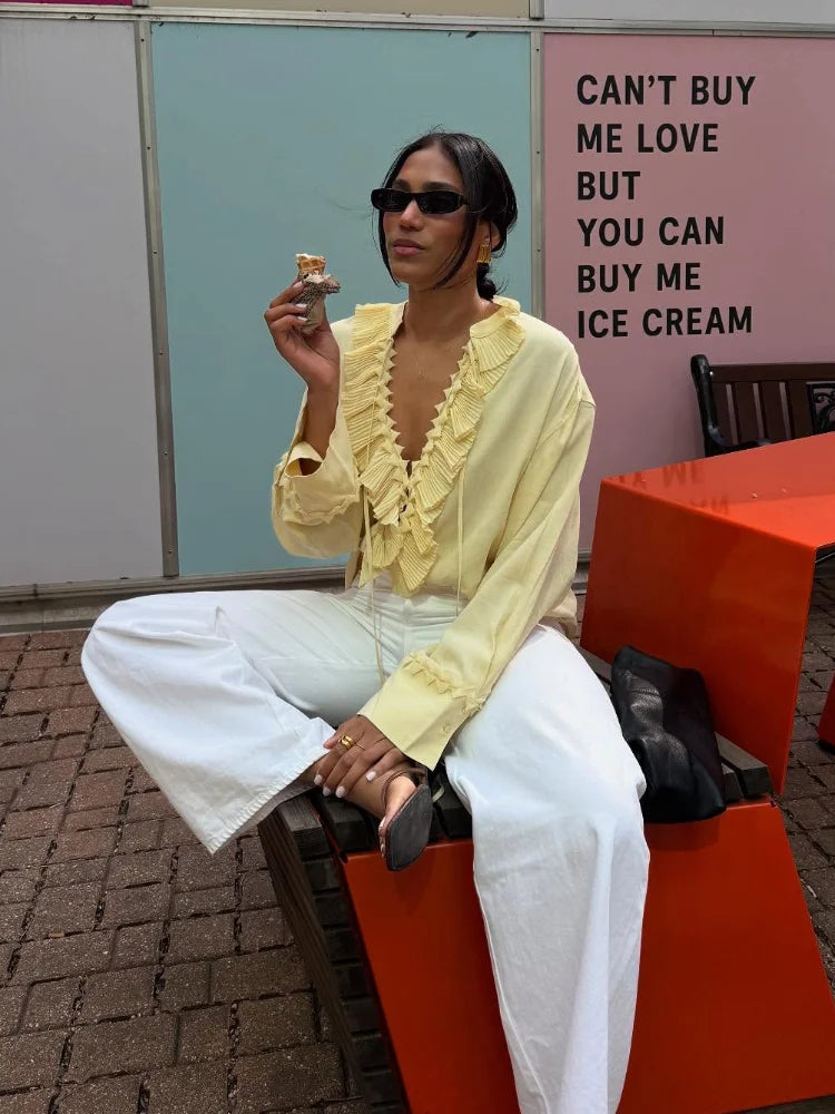 Women Solid Chiffon Ruffle Yellow Blouse Sheer V-neck Lace Up Full Flared Sleeve Shirts 2025 Summer Lady Fashion Loose Top New