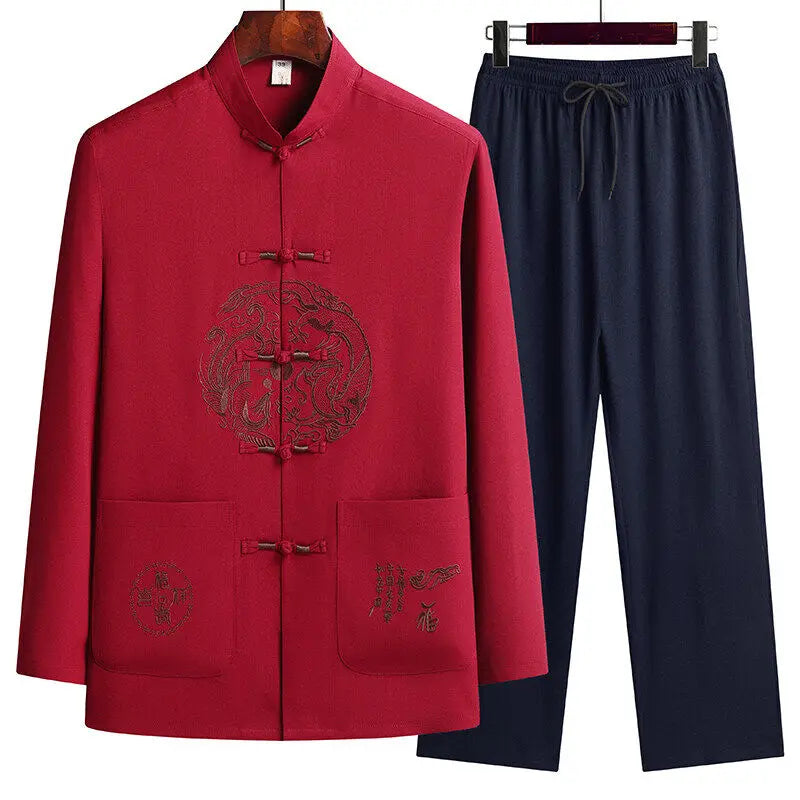 Male printing Chinese style long sleeves shirts trouser 100% Cotton Silk fabric Sportswear Men's Casual Sets Shirts + Pants