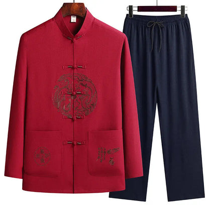 Male printing Chinese style long sleeves shirts trouser 100% Cotton Silk fabric Sportswear Men's Casual Sets Shirts + Pants