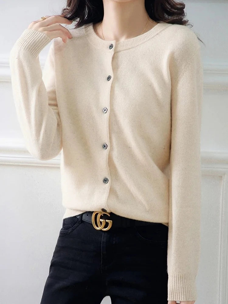 2025 New Worsted Spring And Autumn Women Cardigan Round Neck Knitwear Solid Color Fashion High-grade Knitwear Sweater
