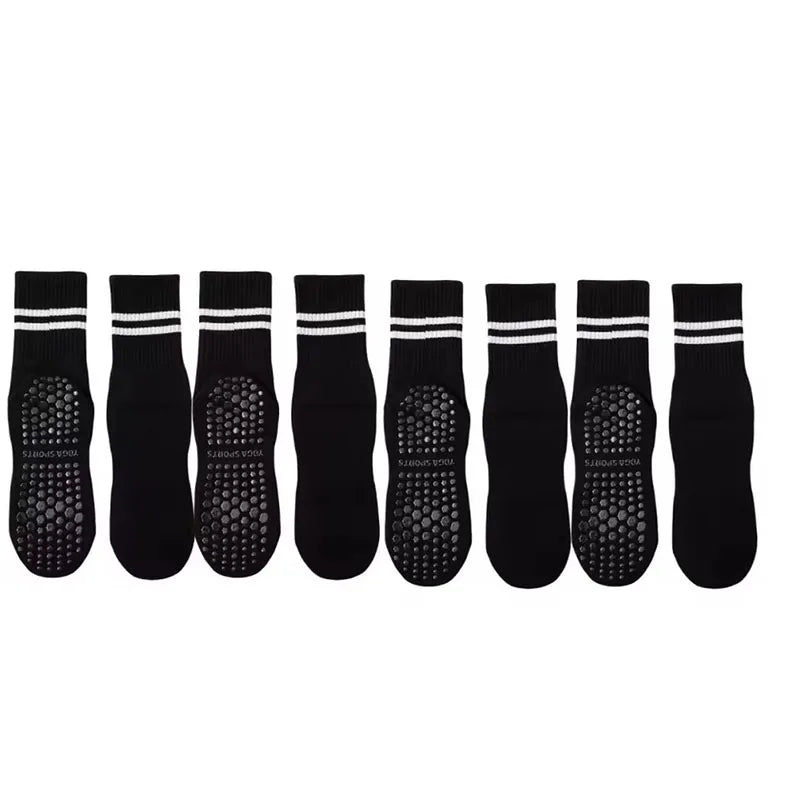 4 Pairs of Mid Tube Double Bar Striped Yoga Socks Anti Slip Dance Sports Breathable Socks Fitness Pilates Cotton Socks