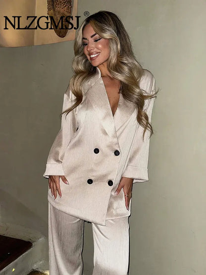 2024 Autumn Women Casual Blazer Coat Pants Set Long Sleeve Double Breasted Blazer + Wide Leg Trousers Lady Office Outfit