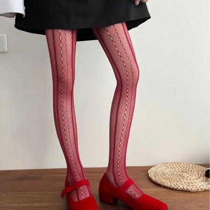 Women Sexy Lace Fishnet Stockings Lolita Hollow Out Solid Pantyhose JK Japanese Style High Waist Vintage Rhombus Striped Tights