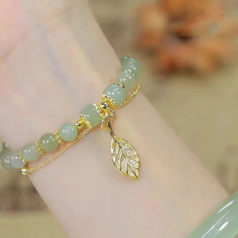 Chinese Style Green Jade Bracelet For Women Exquisite Gold Color Leaves Wrist Strap Bangle Double Chain Bracelet Girls Gifts
