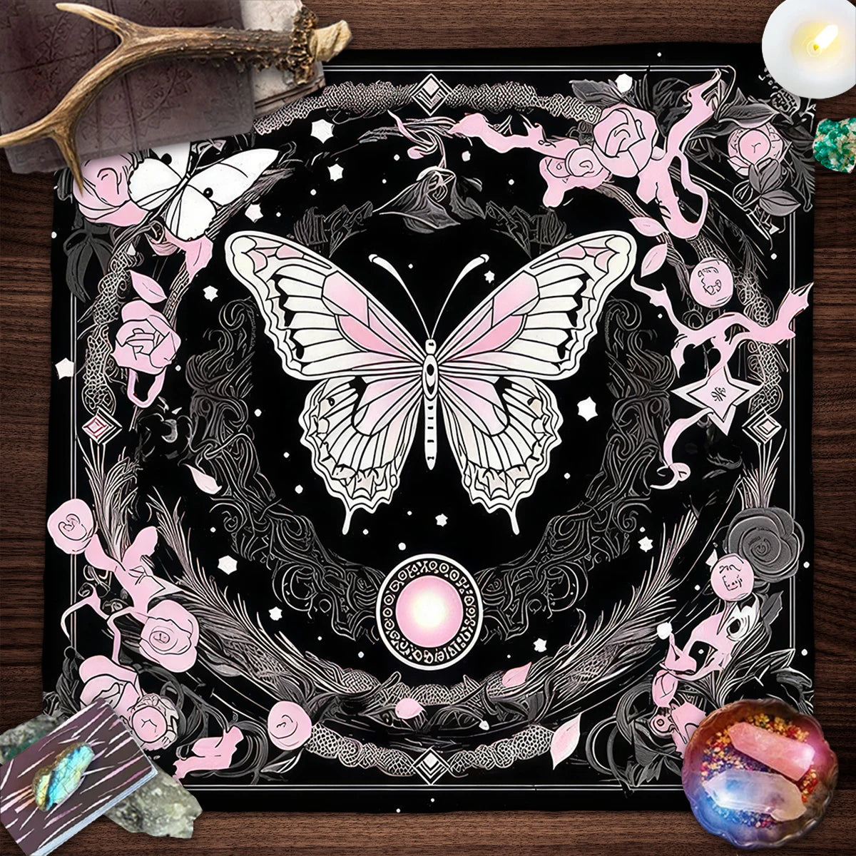 Pink Butterfly Moon Phase Floral Tarot Card Tablecloth  Altar Cloth Witchcraft Astrology Oracle Divination Cloth Home Decor