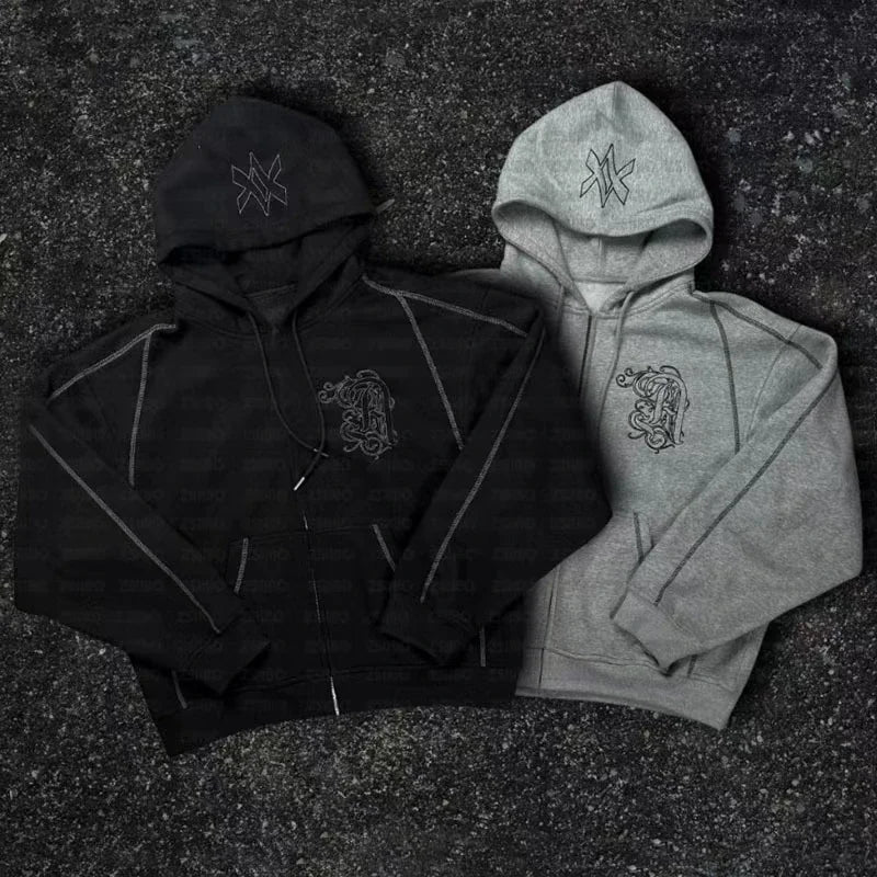 American Y2K Casual Zipper Hoodie Sweatpant Two Piece Set HipHop Oversized Embroidery Sweatshirts Men Women Casual Pants