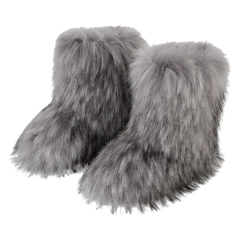 Women Faux Fur Boots Winter Fluffy Plush Warm Mid Calf Snow Boots Luxury Fashion Furry Boots Comfortable Outdoor Flat Shoes
