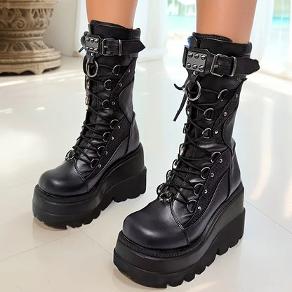 Brand New Ladies Goth Platform Boots Fashion Rivet Buckle Punk Wedges High Heels women's Boots Party Street Cosplay Woman Shoes