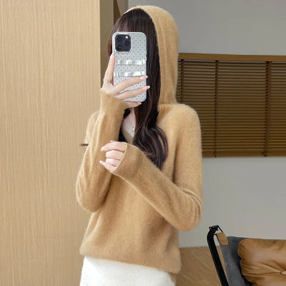 Women Autumn Winter Clothing Hooded Collar Pullover 100% Merino Wool Sweater New Fashion Cashmere Tops Bottoming Knitwear Soft