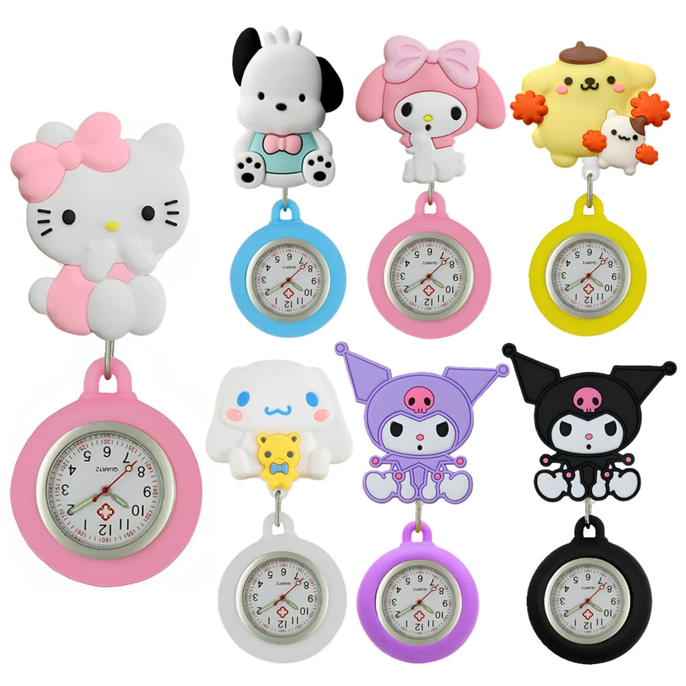 MINISO Cartoon Cute Cat Dog Rabbit Kitty Nurse Doctor Students Pretty Badge Reel Clip Hang Pocket Watches Clock Hospital Gifts