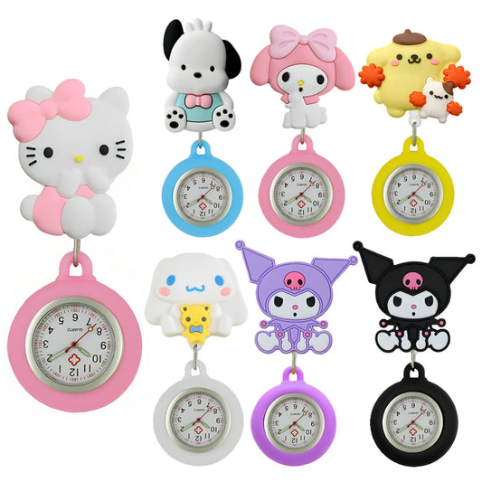 MINISO Cartoon Cute Cat Dog Rabbit Kitty Nurse Doctor Students Pretty Badge Reel Clip Hang Pocket Watches Clock Hospital Gifts