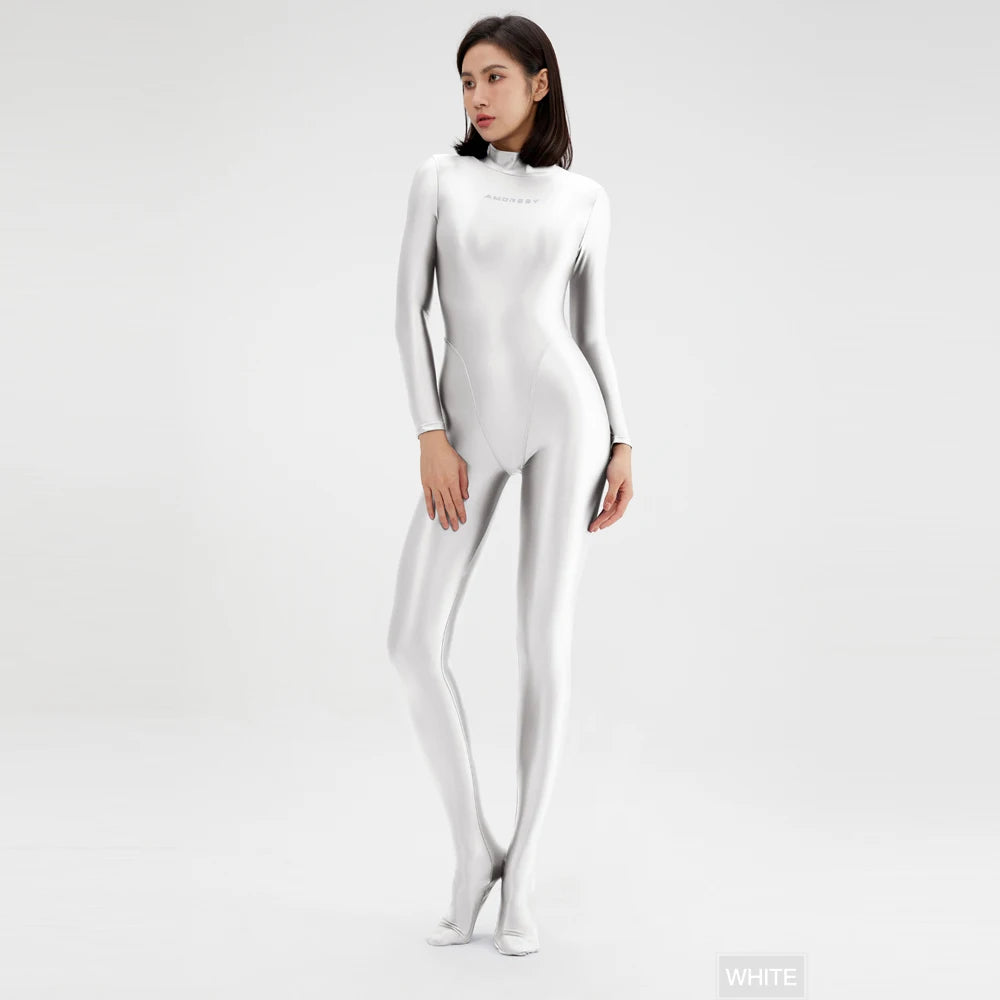 2023 AMORESY Women's Catsuit Playsuits Wetlook Shiny Glossy Tights Zipper Leotards Fullbody Overall Zentai Jumpsuits