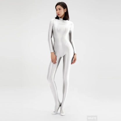 2023 AMORESY Women's Catsuit Playsuits Wetlook Shiny Glossy Tights Zipper Leotards Fullbody Overall Zentai Jumpsuits