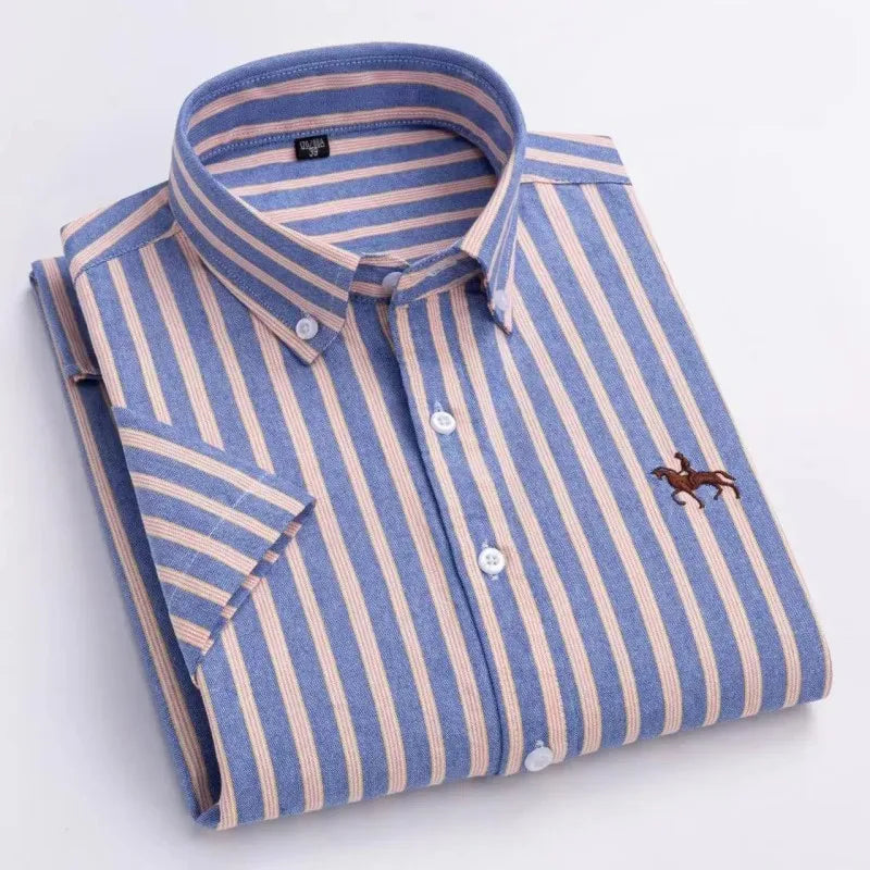 100% Pure Cotton Oxford Shirt For Men¡¯s Short Sleeve Solid Stripe Leisure Embroidered Horse Social Business Formal Dress Shirts