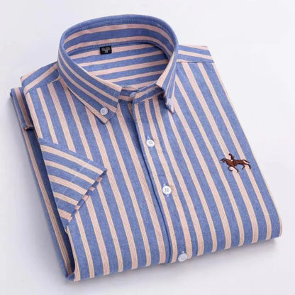 100% Pure Cotton Oxford Shirt For Men¡¯s Short Sleeve Solid Stripe Leisure Embroidered Horse Social Business Formal Dress Shirts