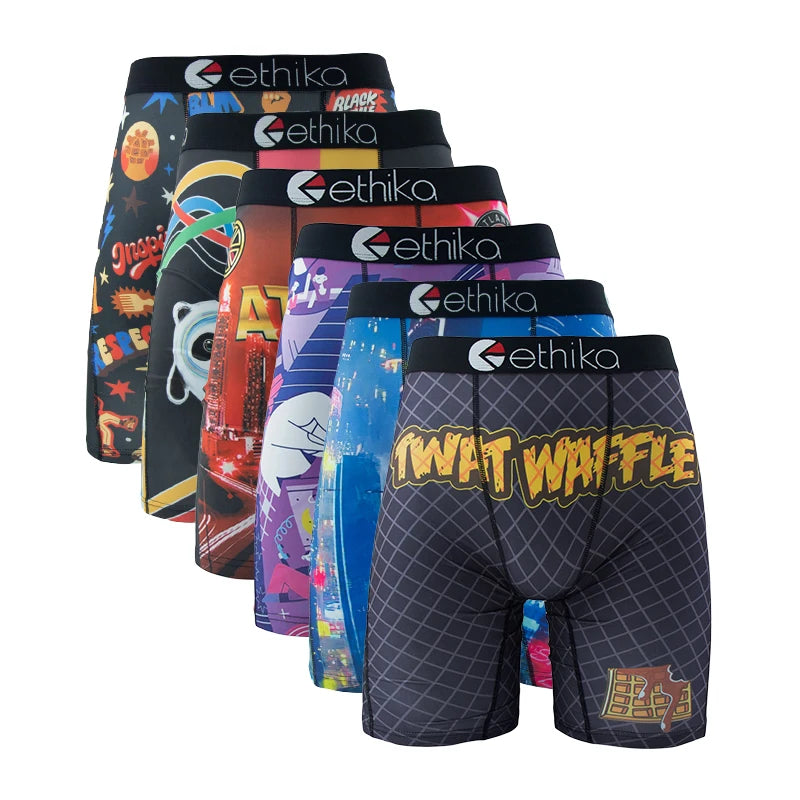 ETHIKA 6Pcs Men Underwear Boxers Breathable Man Swimming Underpants Plus Size Print Mens Panties Trunks Sexy Men's Boxershorts