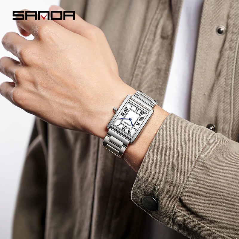 SANDA Men Quartz Watch Waterproof Casual Fashion Couple Watch Wear Resistant Stainless Strap Square Dial Design Women Lover Gift