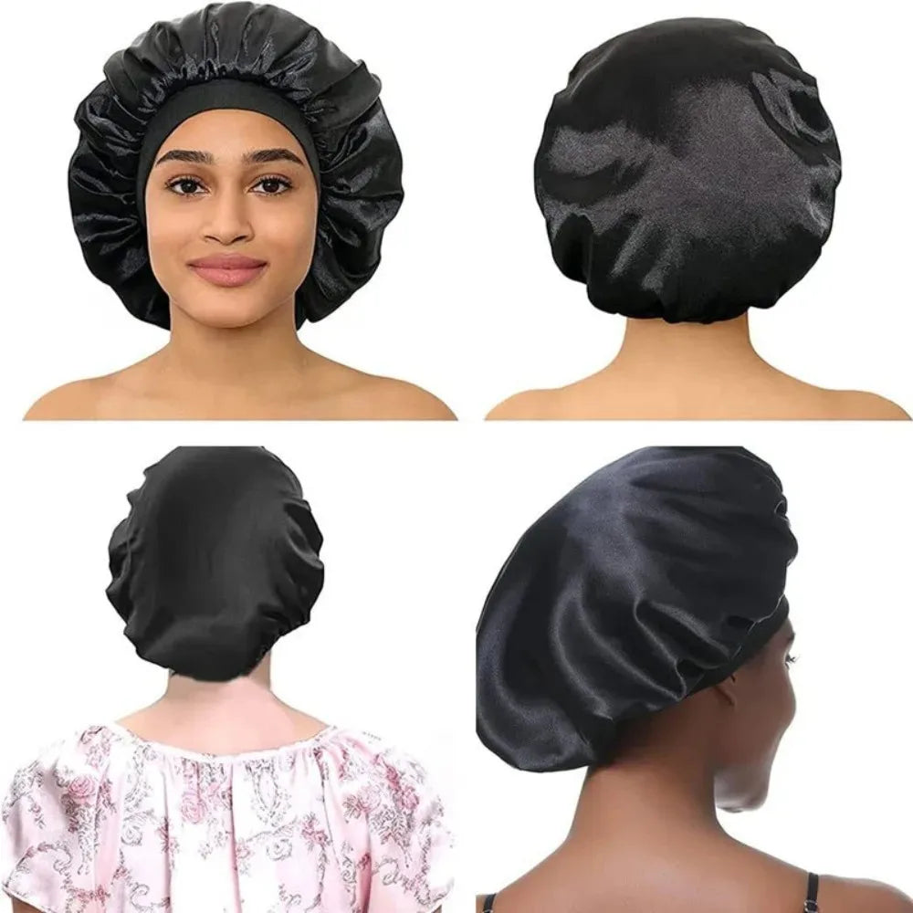 Solid Satin Bonnet Hair Wrap Elastic Band Narrow Head Tie Band Edge Bathroom Shower Cap for Sleeping Women Shower Hair Care