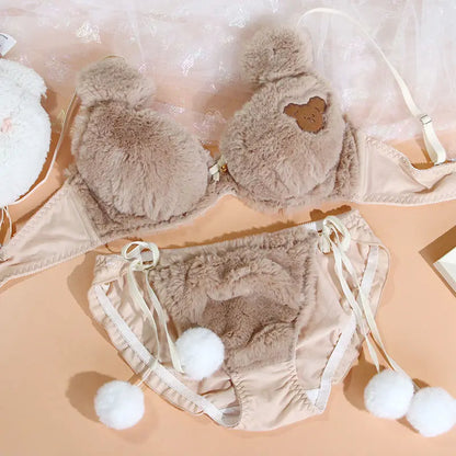 Japanese Girls Winter Soft Ropa Interior Cute Lingerie for Women Cartoon Bear Students Plush  Sexy Bras Wireless Thin Bra Set