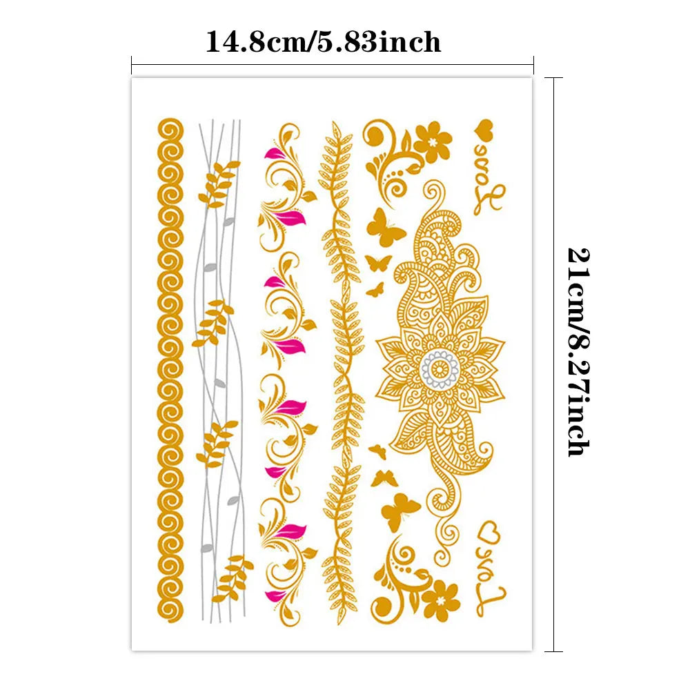 Waterproof Temporary Tattoo Sticker Flowers Mandala Henna Golden Silvery Metallic Flash Tatoo Boho Hand Jewelry Glitter Body Art