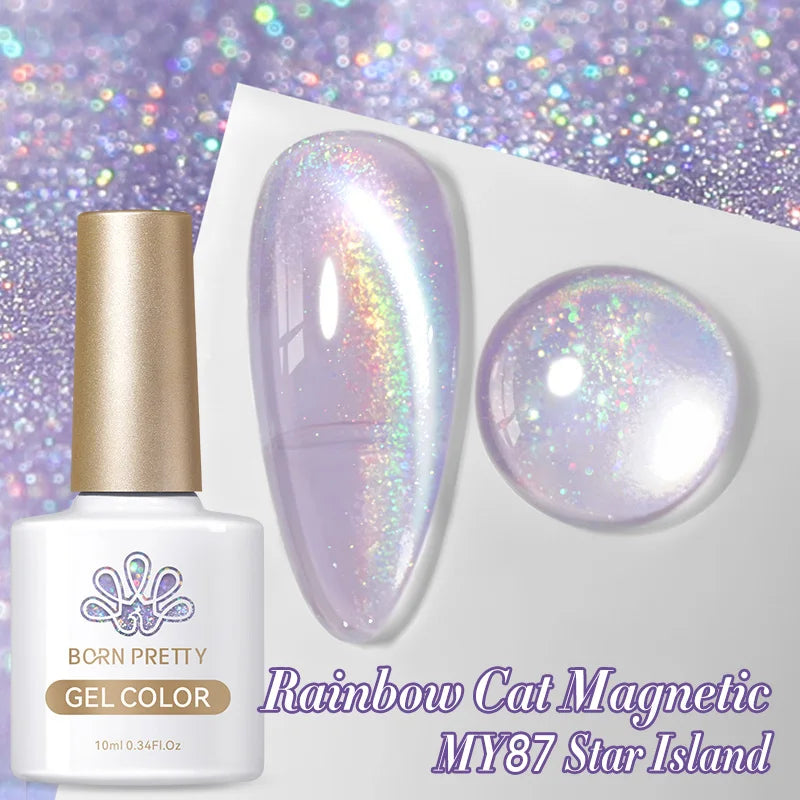 BORN PRETTY 10ml Rainbow Purple Water Light Cat Magnetic Gel Nail Polish Shining Super Sliver-light Holographics Soak Off UV Gel