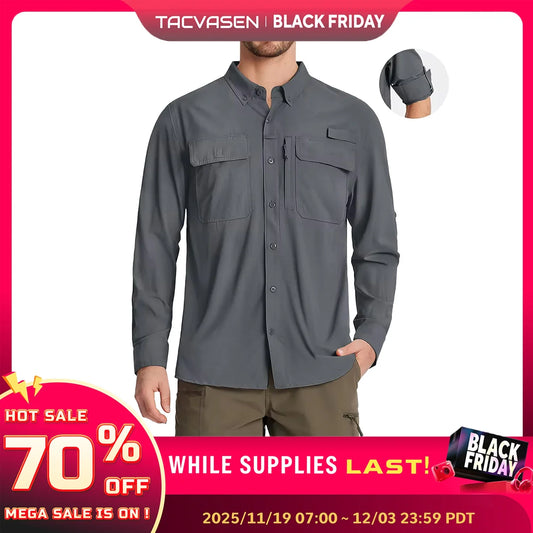 TACVASEN UPF 50+ Sun Protection Fishing Shirts Men's Quick Dry Long Sleeve Shirts Mesh Breathable Hiking Work Cargo Shirts