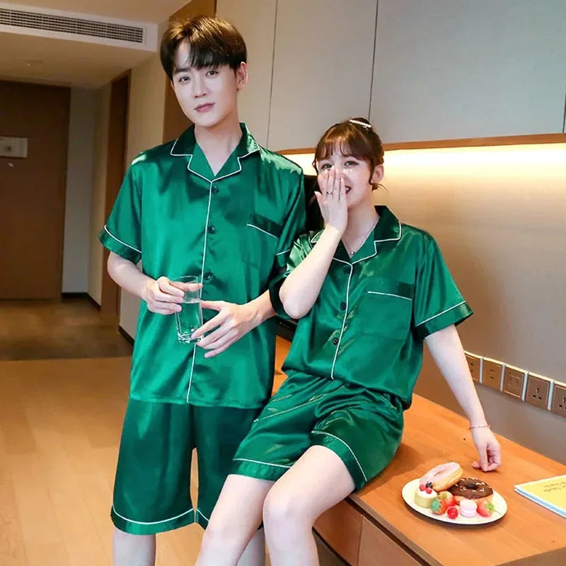 Solid Color Sleepwear Silk Satin Pajamas Couple Set Short-sleeved Pyjamas Suit Pijama Women Men Loungewear Plus Size Pj Set