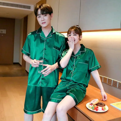 Solid Color Sleepwear Silk Satin Pajamas Couple Set Short-sleeved Pyjamas Suit Pijama Women Men Loungewear Plus Size Pj Set