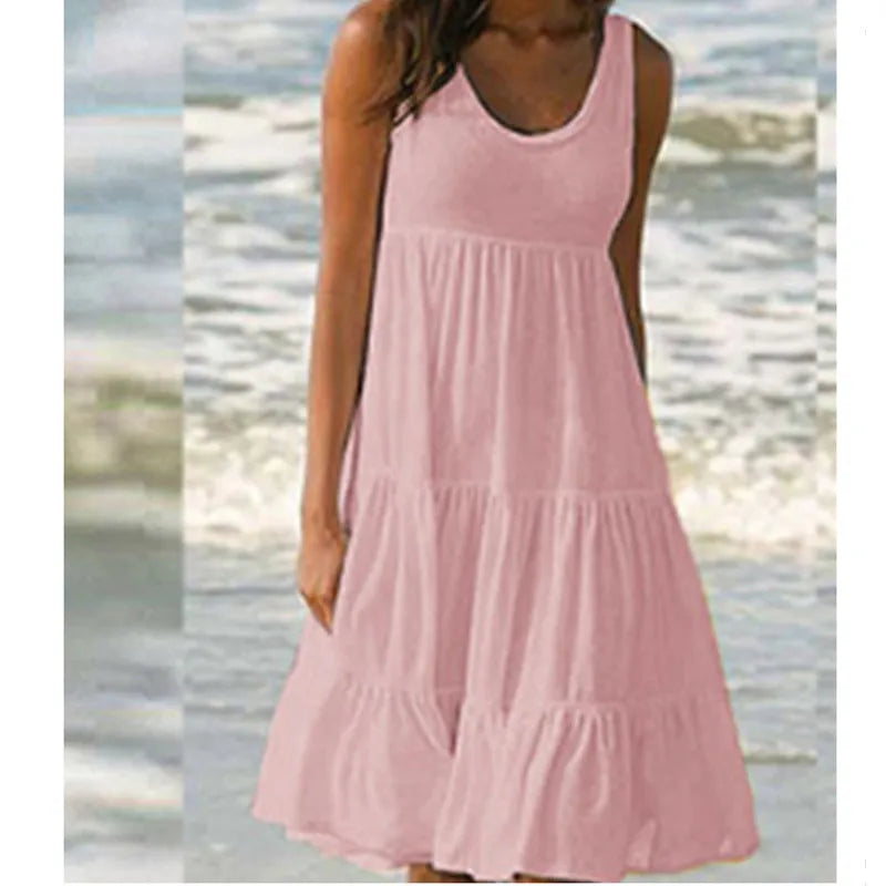 Bohemian Women's Casual O Neck Sleeveless Ruffle Mini Dress Solid Color Beach Tank Top Oversized Loose Dress Plus Size Women3029