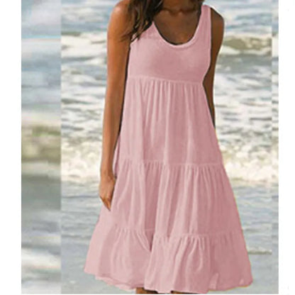 Bohemian Women's Casual O Neck Sleeveless Ruffle Mini Dress Solid Color Beach Tank Top Oversized Loose Dress Plus Size Women3029