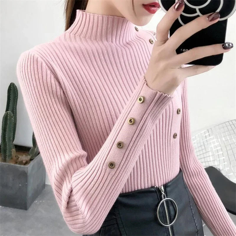 2025 Autumn Knitted Turtleneck Sweaters Women Solid Knitted Female Cotton Soft Elastic Color Slim Pullovers Button Full Sleeve