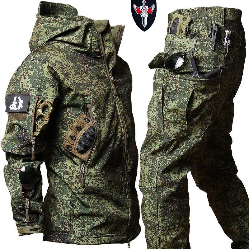 Tactical Winter Set Men's Outdoor Windproof Waterproof Suit Multi-Pocket Soft Shell Hooded Jackets Sharkskin Work Pants