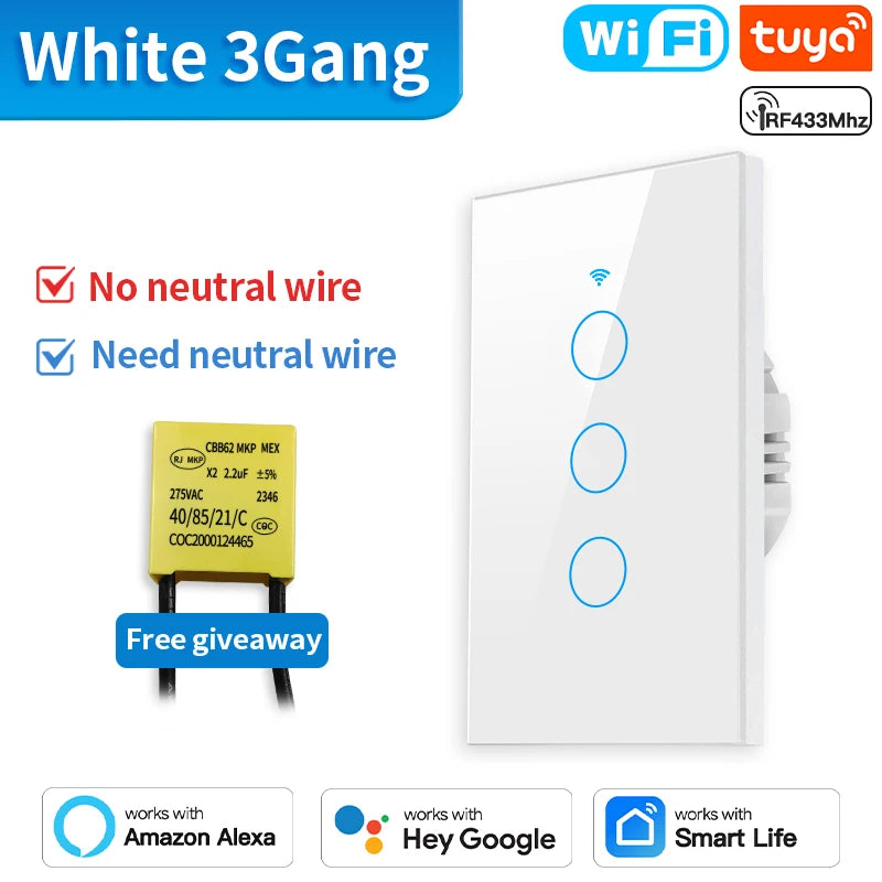 TNCE Tuya Switch WIFI RF US/EU, 1/2/3/4 Gang No/With Neutral Wire Wall LED Light Controller, Smart life, Voice Alexa Google Home