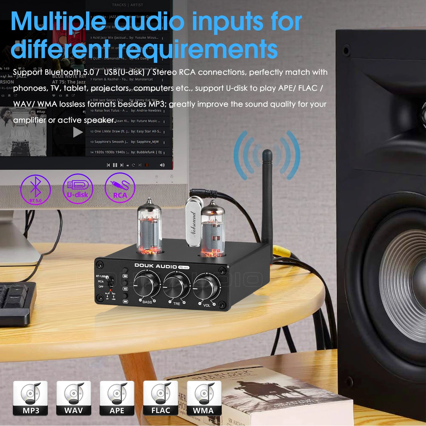 Douk Audio HiFi Bluetooth 5.0 Valve Tube Preamp Stereo Receiver USB Player Home Desktop Pre-amplifier w/Treble Bass Control