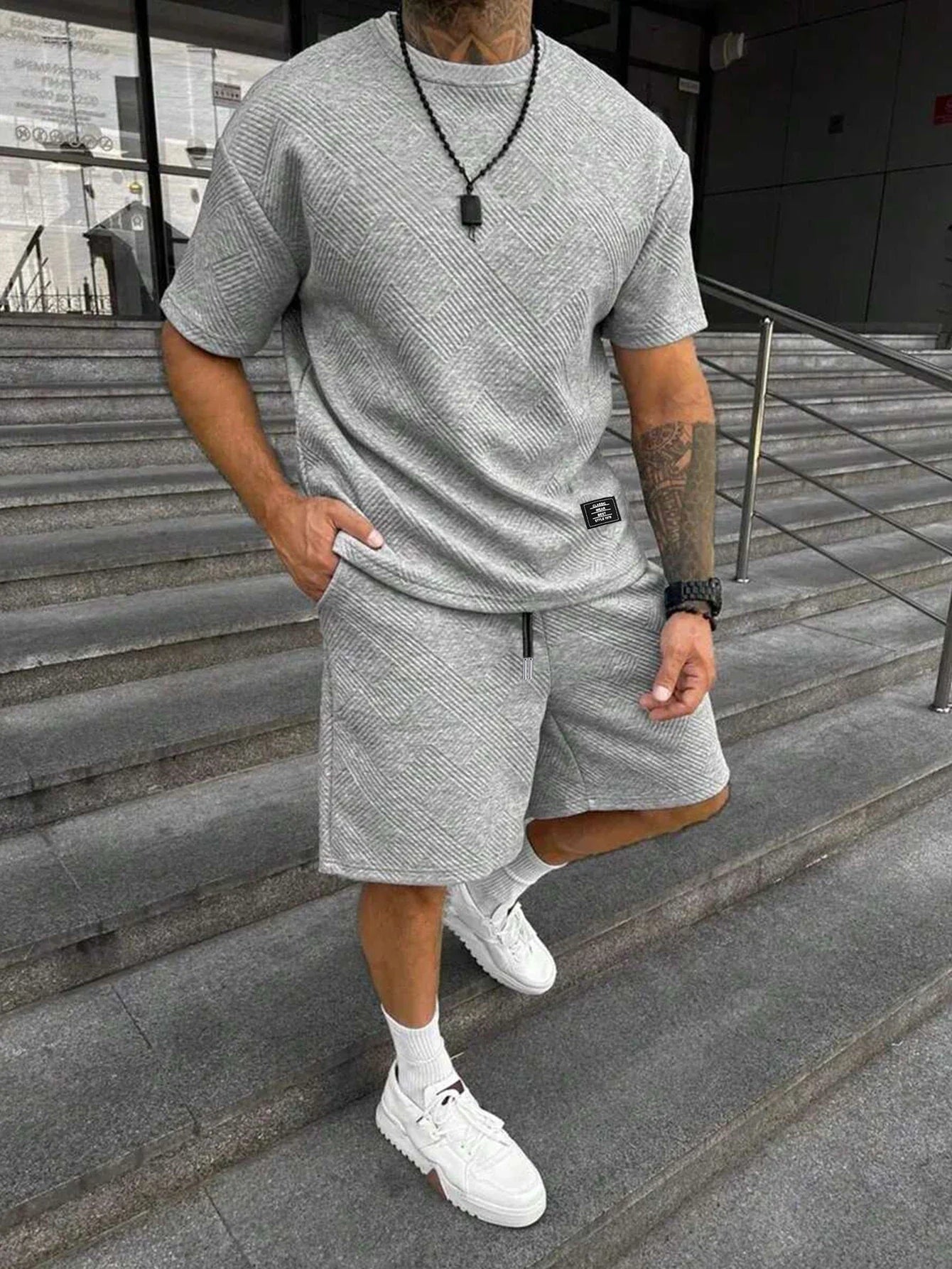 Men's Textured Letter Patched Round Neck Tee & Drawstring Shorts Two-Piece Set Regular Fit Casual Short Sleeve T shirt & Shorts