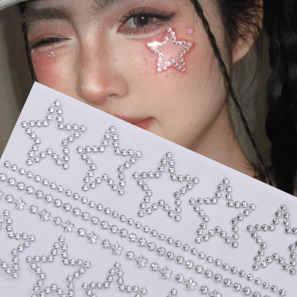 1Pcs 3D Hollow Star/Heart Face Gem Tattoos Stickers Self-Adhesive Crystal Jewelry Tattoo DIY Eye/Body Makeup Decor Rhinestones *