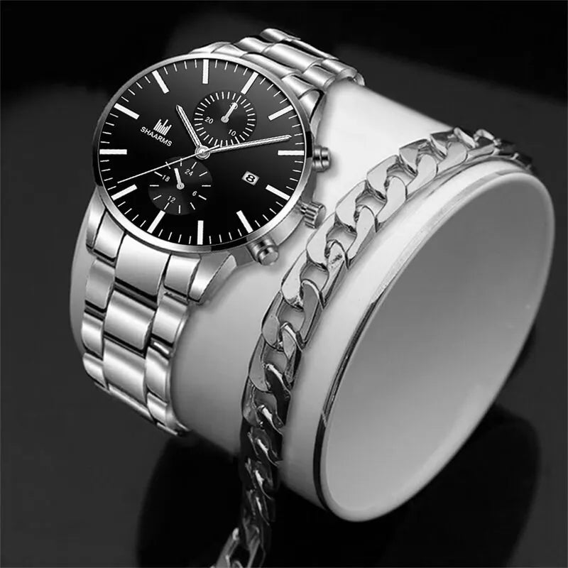 Mens Fashion Business Quartz Watch Fashion Fake Three Eye Six Pin Calendar Men Watch Stainless Steel Belt Men Watches