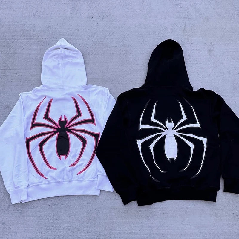 Y2k Spider Hoodies Women Men Hip Hop Zip Up Long Sleeve Jacket Graphic Punk Coats Harajuku Casual Loose Hooded Shirt Sweatshirt