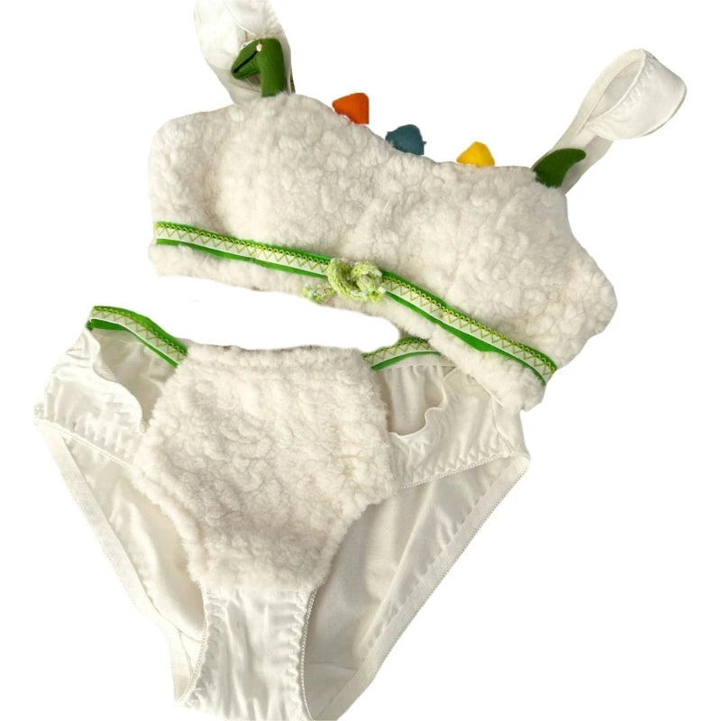 Women's Cartoon Panda Pattern Winter Lingerie Furry Plush Bra and Panty Set School Girl Japanese Anime Cosplay Underwear