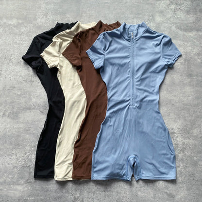 Short Sleeve Zipper Yoga Workout Jumpsuit Short Playsuit Women Romper Gym Fitness Overalls One Piece Training Sport Suit Unitard