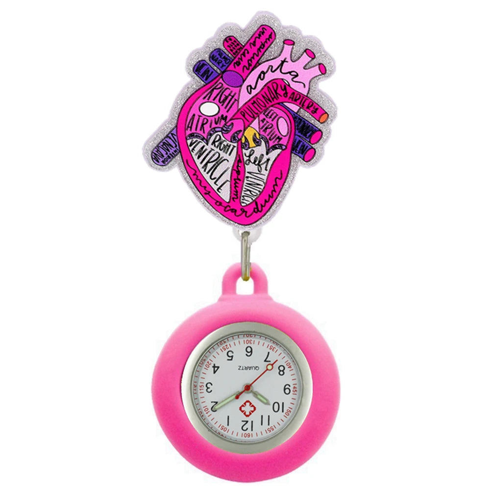 Heart Shape Icons Retractable Nurse Doctor Shiny Badge Reel Clip Pocket Watches Hospital Medical Working Office Hang Clock