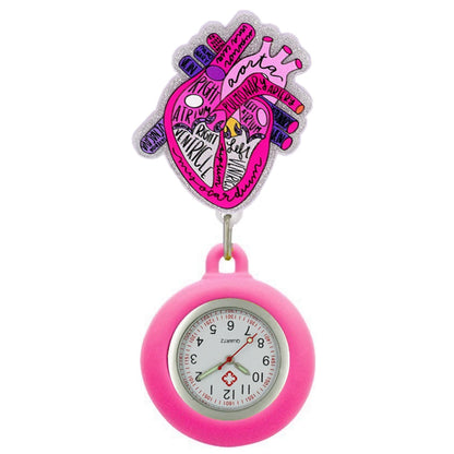 Heart Shape Icons Retractable Nurse Doctor Shiny Badge Reel Clip Pocket Watches Hospital Medical Working Office Hang Clock